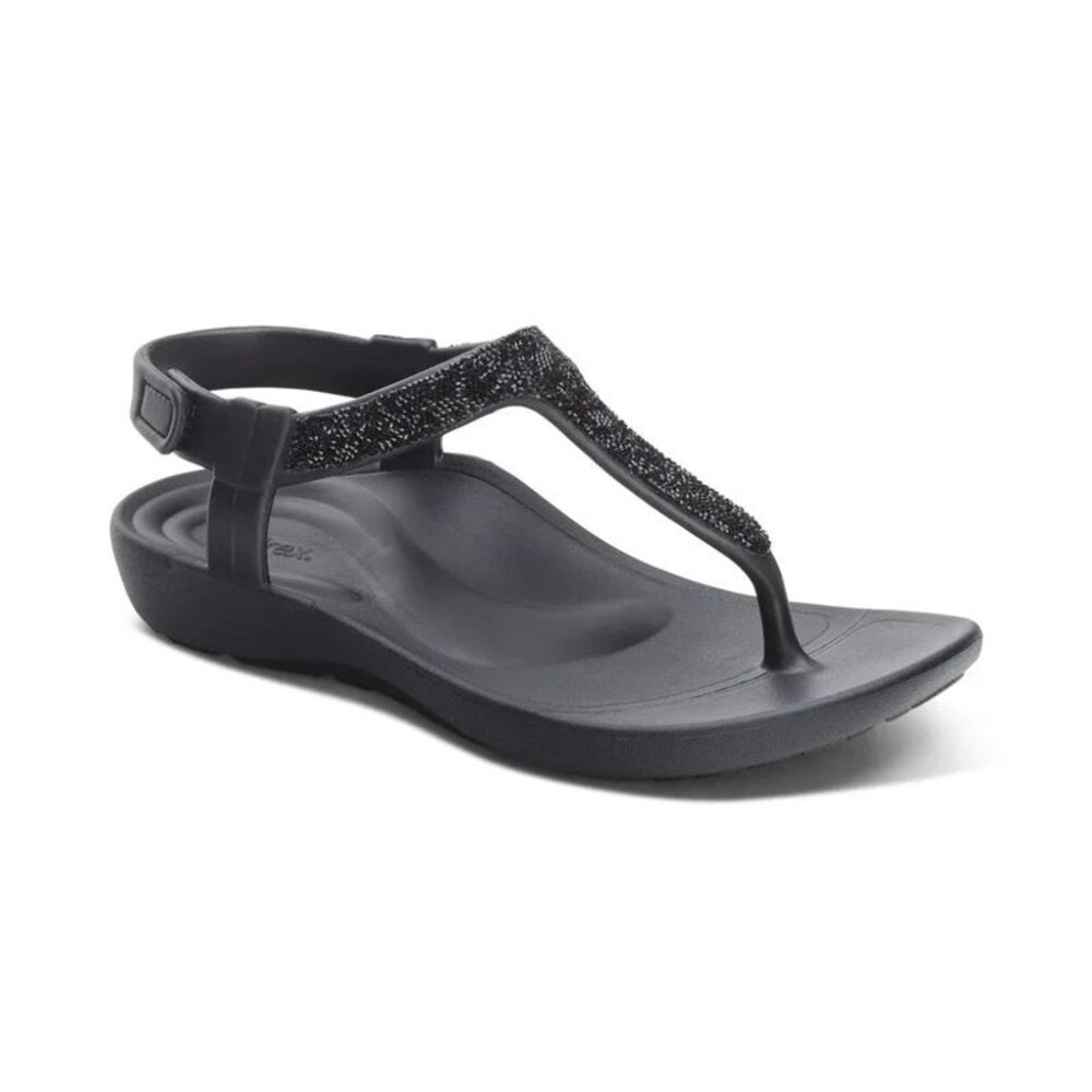 Aetrex Skyler Black Embellished T-Strap Thong Sandals Women’s Size 5 NWT